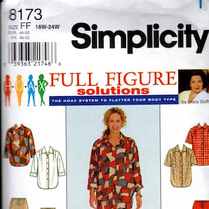 May include: Sewing pattern Simplicity 8173 for a full figure shirt and pants. The pattern includes a long-sleeved shirt with a geometric print, a short-sleeved shirt with a floral print, and two pairs of pants. The pattern is for sizes 18W-24W.