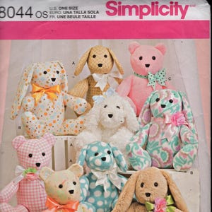 Simplicity 8044 Stuffed Animals Made from Two Pattern Pieces, Bunny, Bear, and Puppy, Size 14 Inches, UNCUT