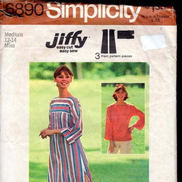 70's Boho Simplicity 6890 Misses' Simple Tunic Or Caftan With Front And Back Yoke, Rolled Loose Sleeves, & High Walking Slits, Size 12-14