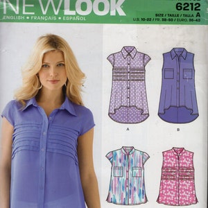 May include: A sewing pattern for four different blouses. The pattern includes a purple blouse with short sleeves, a purple sleeveless blouse, a blue and pink patterned blouse with short sleeves, and a pink floral patterned sleeveless blouse. The pattern is for sizes 10-22, 38-50, and 36-43.