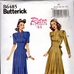 May include: A vintage sewing pattern for a dress, featuring two illustrations of women wearing dresses. The pattern is for sizes 6-8-10-12-14 and is labeled "B6485/A5 Retro Butterick '44".