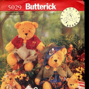 Butterick 5029 Vintage 90's Beardeaux Bear Family Stuffed Plush Bears, Sizes 15 and 7 1/2 Inches, UNCUT