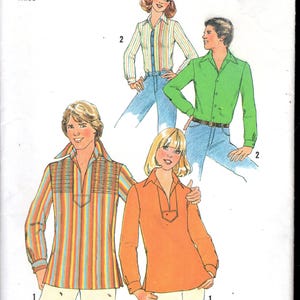 May include: Simplicity pattern 7810 features illustrations of long-sleeved shirts with various designs. The top left shows a shirt with vertical stripes in orange, yellow, blue, and brown. The top right shows a green shirt. The bottom right shows an orange shirt.
