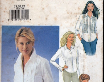 Butterick 3525 semi-getailleerd damesshirt met kraag, mouw, zoom en mogelijk plooi aan de voorkant, maten 18-20-22, ONBESNEDEN