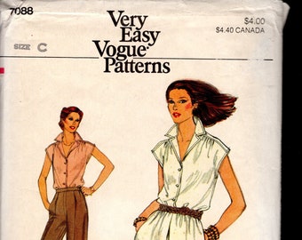 Vogue 7088 Retro 80's Misses' Button Front Blouse with Extended Shoulders, Straight Slim Pants, and Gathered Skirt, Size 10-12, UNCUT