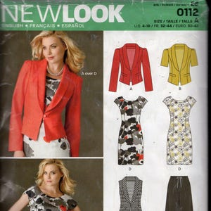 May include: A sewing pattern from New Look featuring a woman in a red blazer and a floral dress. The pattern includes designs for a blazer, dresses, a vest, and pants. The size range is U.S. 4-16.