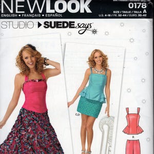 May include: A New Look sewing pattern showing two women in different outfits. The pattern includes a pink halter top and skirt, and a teal top and skirt. Also shown is a pink top and trousers.
