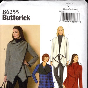 May include: A sewing pattern for a wrap jacket with three different styles. The pattern is for sizes X-Small, Small, and Medium. The pattern number is B6255.