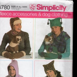 May include: Simplicity pattern for fleece accessories and dog clothing. The image shows a variety of hats, scarves, and coats for dogs. The pattern includes different styles, such as a leopard print hat and coat, and a pink hooded outfit.