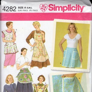 May include: Simplicity sewing pattern 4282 featuring various apron designs. The image shows different apron styles, including floral, patterned, and solid color options. The pattern includes sizes A, S, M, and L. The design is by Teri.