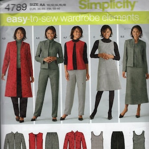 May include: Simplicity pattern 4789 for easy-to-sew wardrobe elements. The image shows various outfit options, including a red coat, a gray suit, a red vest, a checkered dress, and a long gray dress. The pattern includes sizes AA 10, 12, 14, 16, 18.