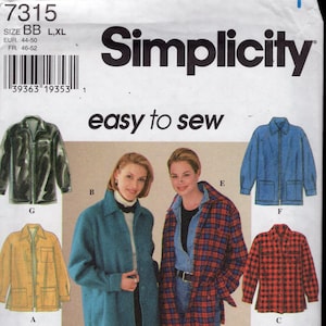 May include: Simplicity sewing pattern 7315 featuring various jacket styles. The pattern includes options for a green leather-look jacket, a teal jacket, a yellow jacket, a red jacket, a blue denim jacket, and a red plaid jacket. The text "easy to sew" is also visible.