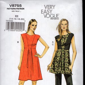 May include: Vogue pattern V8755 presents two dress designs. One is a sleeveless, knee-length dress in red. The other is a black top with a green and black patterned design, paired with black trousers. The pattern includes sizes 14-16-18-20.