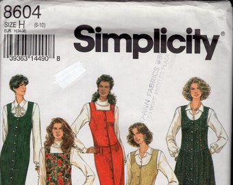 90's Simplicity 8604 Misses' Jumper With Square, Or Deep Scoop Neck, Button Front Loose Waist, Flared Or Tapered Skirt, Sizes 6-10, UNCUT