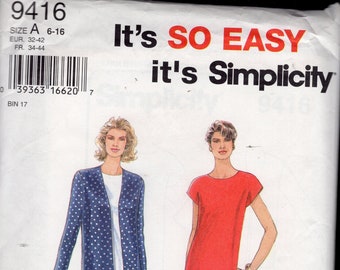 Fab 90's Simplicity 9416 Misses' Easy Sew Chemise Dress with Cap Short Sleeves, And Simple Classic Long Sleeved Jacket, Sized 6-16, UNCUT