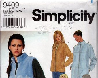Simplicity 9409 Misses' Zip-Up High Collar Jackets, and Vests with Hand Warmer Pockets, Hip or Below Hip Lengths, Sizes 18-24, UNCUT