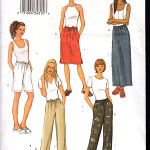 May include: Butterick pattern 3460, featuring illustrations of various women's clothing designs. The designs include a halter top with a red skirt, a tank top with blue pants, shorts, and pants. The pattern is labeled "FAST & EASY".