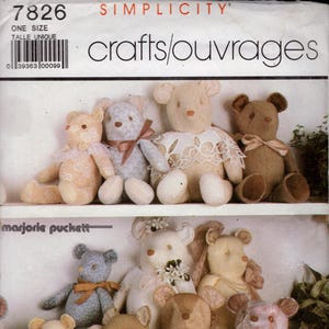 Simplicity 7826 Stuffed Teddy Bears, In Three Sizes, 18.5 ", 22", And 24" By Designer Marjorie Puckett, CUT, Read Details