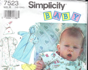 Simplicity 7523 Baby's Layette Set, has Diaper Cover, Pants, Panties, Shirt, Bunting, and Stuffed Bunny Toy, Sizes NB-12M, UNCUT