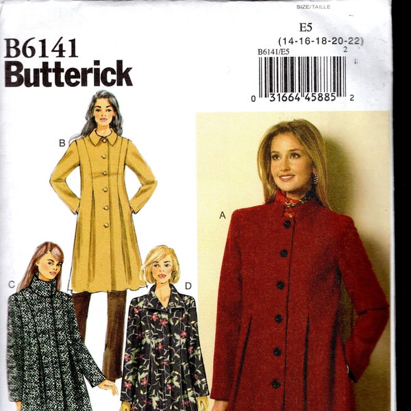 Butterick 6141 Manteau ou veste à coutures princesse pour femme avec variations de col, plis inversés, tailles 14-22, non coupé