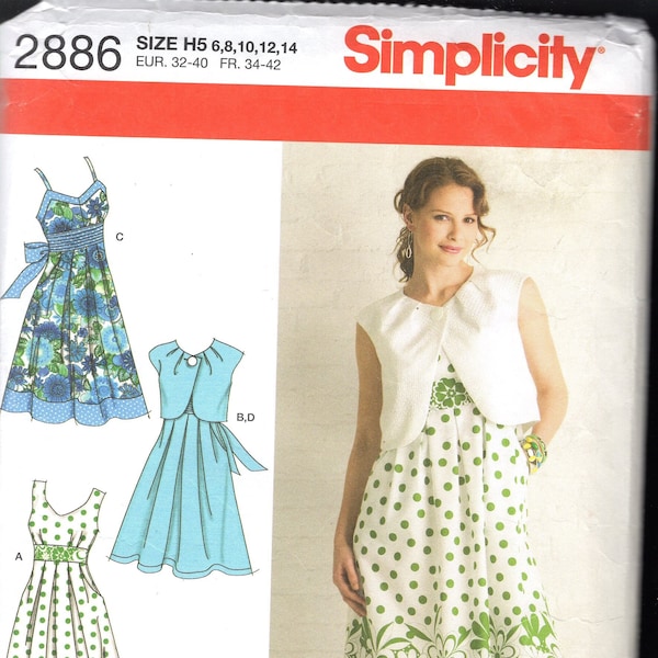 Simplicity 2886 Misses' Sundress w/High Wide Waistband, Back Tie, Soft Pleats, Sleeveless, Or Shoulder Straps, & Bolero, Sizes 6-14, UNCUT