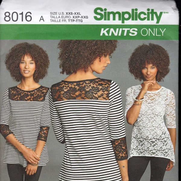 Simplicity 8016 Misses' Tunic Length Tops with Shaped or Straight Hem, Sleeveless, 3/4 or Elbow Length Sleeves, Sizes 4-26, UNCUT