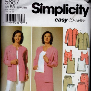 Conjunto Simplicity 5687 para mujer, fácil de coser, con pantalón corto, falda larga, túnica y top sin mangas, y chaqueta, tallas 20W-22W-24W-26W-28W, sin cortar