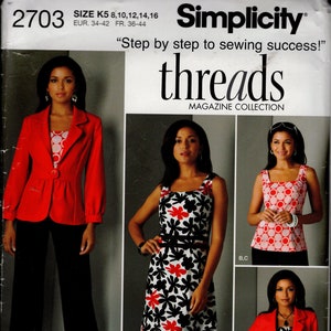 May include: Simplicity Threads Magazine Collection sewing pattern number 2703. The pattern includes three different designs: a red blazer with a black skirt, a black and white floral dress, and a red blazer with a black and white floral dress. The pattern is for sizes K5 8, 10, 12, 14, 16, EUR 34-42, FR 36-44.