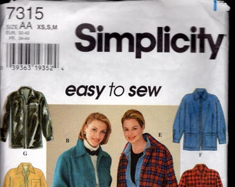 Fab 90's Simplicity 7315 Misses' Shirt Jacket with Button or Zipper Front, Patch Pockets, Long Cuffed Sleeves, Sizes 6-16, CUT, Read Details