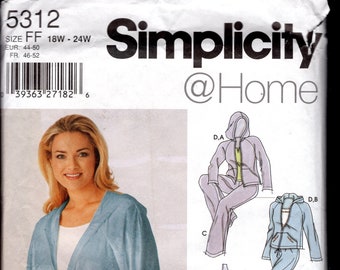 May include: A sewing pattern for a hooded sweatshirt and pants set. The pattern includes instructions for making a variety of styles, including a casual hooded sweatshirt with a zipper closure, a pair of pants with a drawstring waist, and a tank top. The pattern is for sizes 18W-24W.