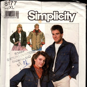 Simplicity 8177 Men&#39;s or Misses&#39; Denium/Jean Style Jacket in Two Lengths, Size XL (42-44), CUT, Read Details