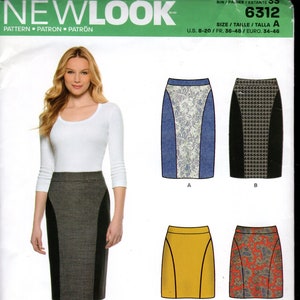 May include: A New Look sewing pattern, style 6312, featuring pencil skirt designs. The pattern includes options with color-blocked panels, floral prints, and houndstooth patterns. The size range is UK 10-22.