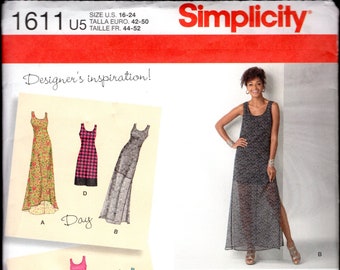 Simplicity 1611 Misses' Dresses With A Day To Evening Approach, Sleeveless, Sheer Over Dress, Or Waterfall Hem, Sizes 16-18-20-22-24, UNCUT