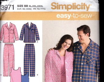 Simplicity 3971 Men's or Women's Long or Short Sleeved Pajama Sets, with Long or Short Bottoms, and Tank Top, Sizes 52-62" Chest/Bust, UNCUT