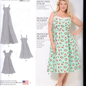May include: Simplicity sewing pattern 8096, Amazing Fit collection. The pattern features a dress with a cherry print, princess seams, and a bra-friendly shoulder strap. Includes dress variations and size options.