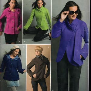 May include: Simplicity pattern 0570 features various jacket designs. The image showcases different jacket styles in vibrant colors like pink, green, blue, and brown. The pattern includes sizes U5: 16, 18, 20, 22, and 24. The website is simplicity.com.