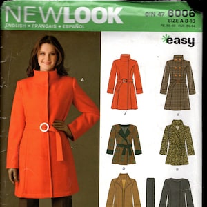 May include: A sewing pattern for a coat with different styles. The pattern includes a long, red coat with a belt, a shorter, orange coat with a belt, a plaid coat with buttons, a leopard print coat with a belt, a brown coat with a zipper, and a black coat with a zipper. The pattern is for sizes 8-18.