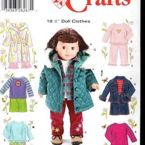 May include: Simplicity Crafts pattern for 18 1/2 inch doll clothes. The pattern includes a quilted jacket, corduroy pants, a denim jacket, a pajama set, a long-sleeve shirt, and a skirt. The doll is wearing a green quilted jacket with a white fur-lined hood.