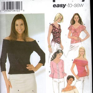 Simplicity 5875 Blusas de punto elástico fáciles de coser para mujer, con hombros descubiertos o escote en V, con ribete y opciones de mangas, tallas 4-10, SIN CORTAR