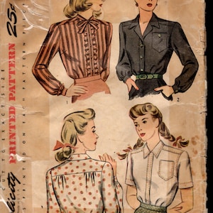 May include: Vintage sewing pattern featuring four blouse designs. The illustrations showcase blouses with various details, including stripes, polka dots, and button-up styles. The pattern includes the text "4817 Size 14 Bust 32" and "Simplicity Printed Pattern".