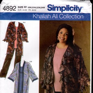 Simplicity 4892 Women's Khaliah Ali Collection, Kimono Cover-Up, Tunic, Pants, and Dress with Side Slit, Sizes 18W-24W, UNCUT