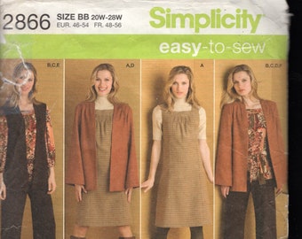 May include: Simplicity sewing pattern 2866, featuring various outfit options. The pattern includes a dress, jacket, vest, and pants. The outfits are modeled on the front of the pattern. The pattern is size BB, 20W-28W.