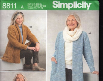 Simplicity 8811 Misses' Casual Long Stretch Knit, or Fleece Fabric Sweater, with Extended Shoulders, Scarf, and Headband, Sizes 6-24, UNCUT