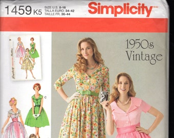 Simplicity 1459 Vintage 1950's Reproduction Dress, Full Skirt, Fitted Bodice, Short Or 3/4 Length Sleeves, Sizes 8-16, UNCUT