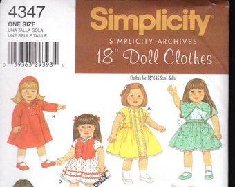Retro 50'S Reproduction Simplicity 4347 Doll Clothes For An 18 Inch Doll Such As American Girl, This Is A Simplicity Archive Pattern, UNCUT
