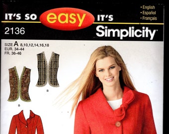 Simplicity 2136 Misses' Fashion Jacket, and Vest, Sizes 8-18, UNCUT