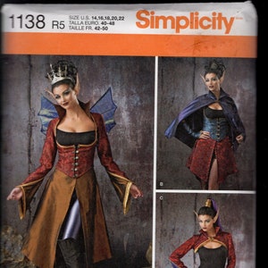 May include: Simplicity costume pattern with three fantasy outfit designs. The main image shows an elf costume with a red and gold bodice, brown skirt, and black boots. Other images display variations of the costume.