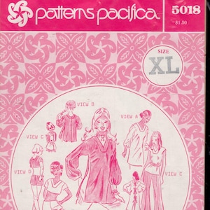 May include: A vintage XL size Patterns Pacifica sewing pattern packet. The pink packet features illustrations of various clothing designs, including tops, pants, and shorts. The packet has the number 5018 and the text "patterns pacifica".
