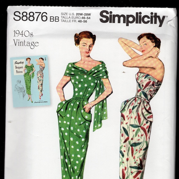 Simplicity 8876 Women's Vintage 40's Reproduction Of A Designer Fitted Strapless Wiggle Dress, With Matching Stole, Sizes 20W-28W, UNCUT/NEW