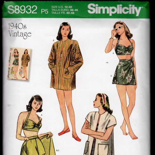 1940's Reprint Simplicity 8932 Misses' Resort Wear, Halter Bikini Top, Wrap Mini Skirt, Shorts, & Jacket, Sizes 4-12, Or 12-20, UNCUT/NEW